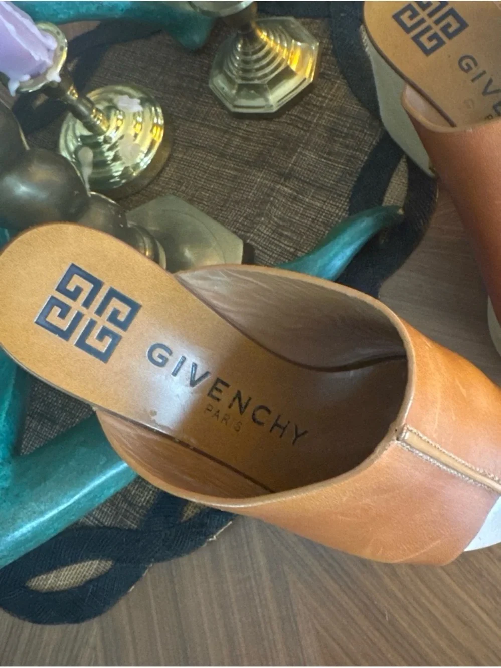 Givenchy Tan Brown Leather Wedge Mules